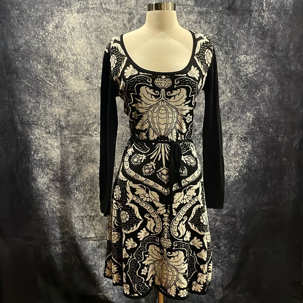 Desigual black white metallic gold floral damask dress with belt